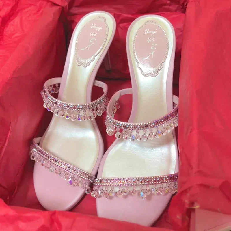 2025 Summer New Sexy Women Sandals Thin Heel Rhinestone High Heels Open Toe Backless Slippers Fairy Style
